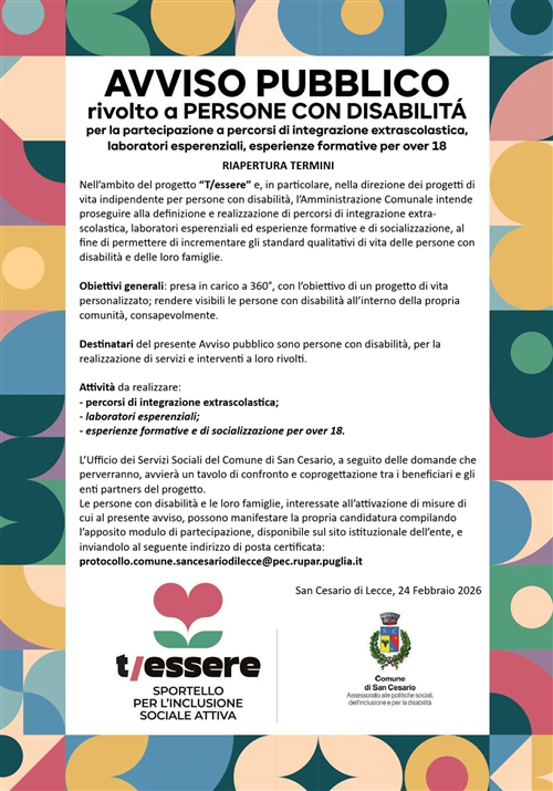 Avviso pubblico rivolto a persone con disabilità
Riapertura termini