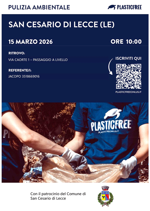 "Appuntamento di raccolta della plastica in città" promossa dall` Associazione 'Plastic Free odv onlus' - Domenica 15 marzo 2026.