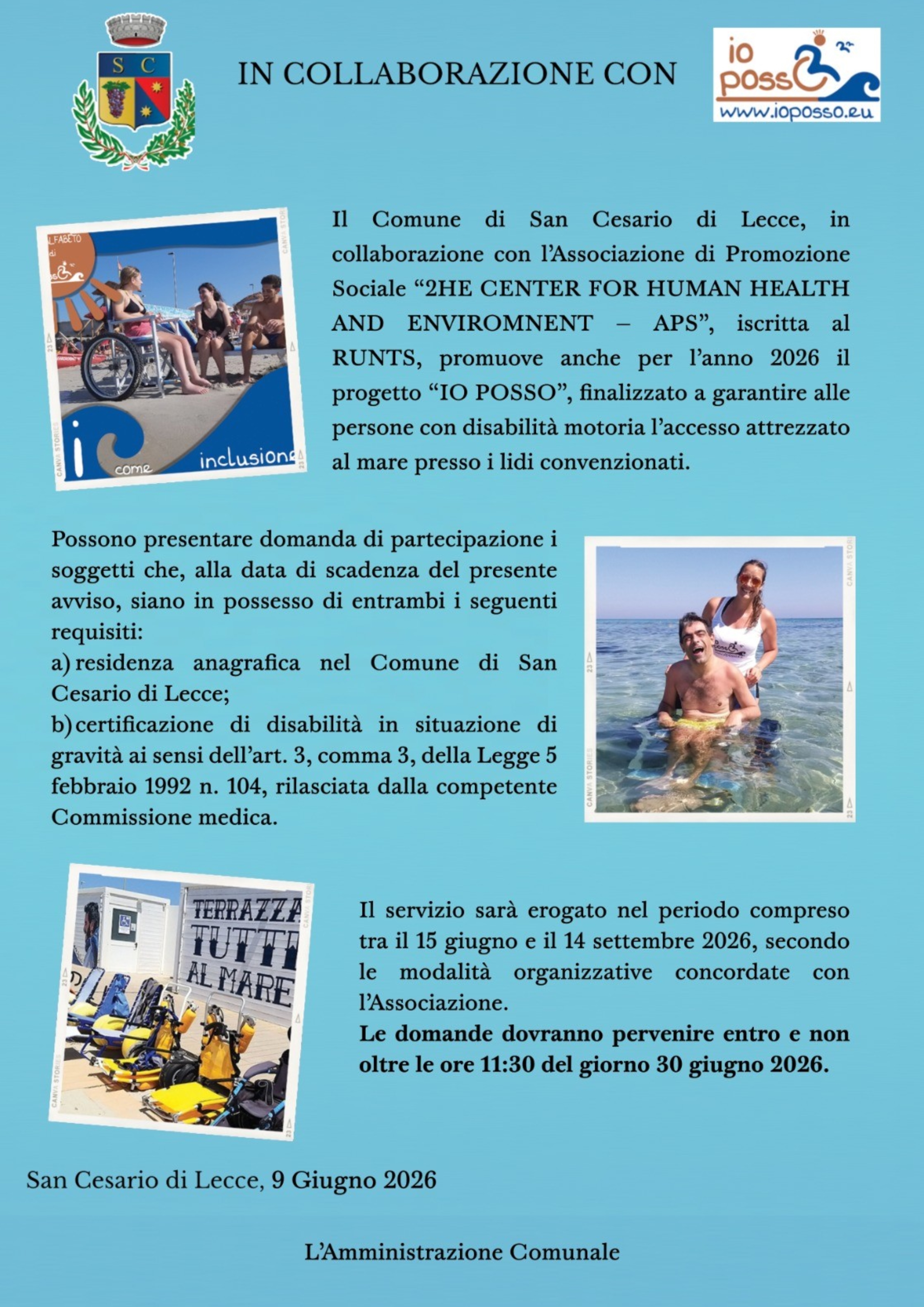 Progetto "IO Posso" - Soggiorno al mare attrezzato per persone con disabilità motoria - Stagione 2026