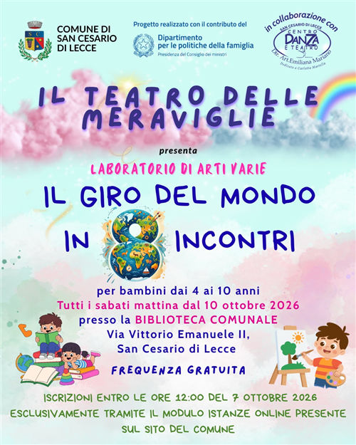 Progetto laboratoriale "IL TEATRO DELLE MERAVIGLIE" - V edizione rivolto ai bambini dai 4 ai 10 anni presso la Biblioteca comunale