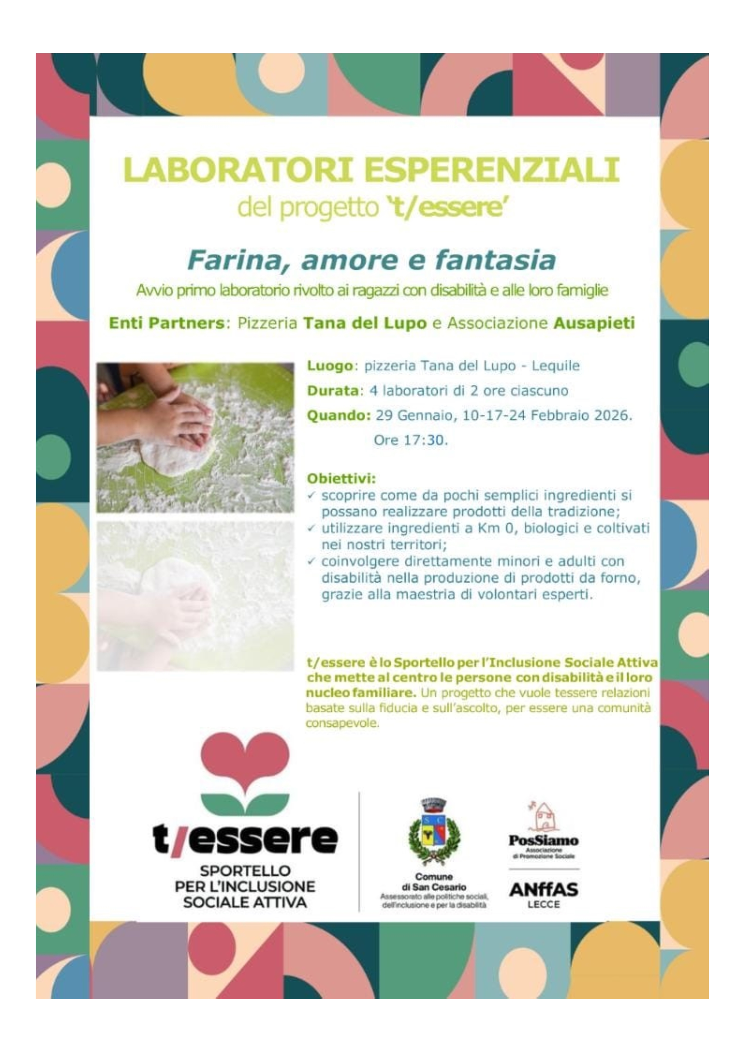 Il giorno 29 gennaio alle ore 17.30: avvio laboratori esperienziali del Progetto T/essere rivolto ai ragazzi con disabilità e alle loro famiglie