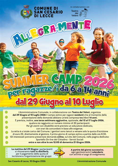 Allegra-mente
Summer Camp 2026
per ragazze/i da 6 a 14 anni
dal 29 giugno al 10 luglio
