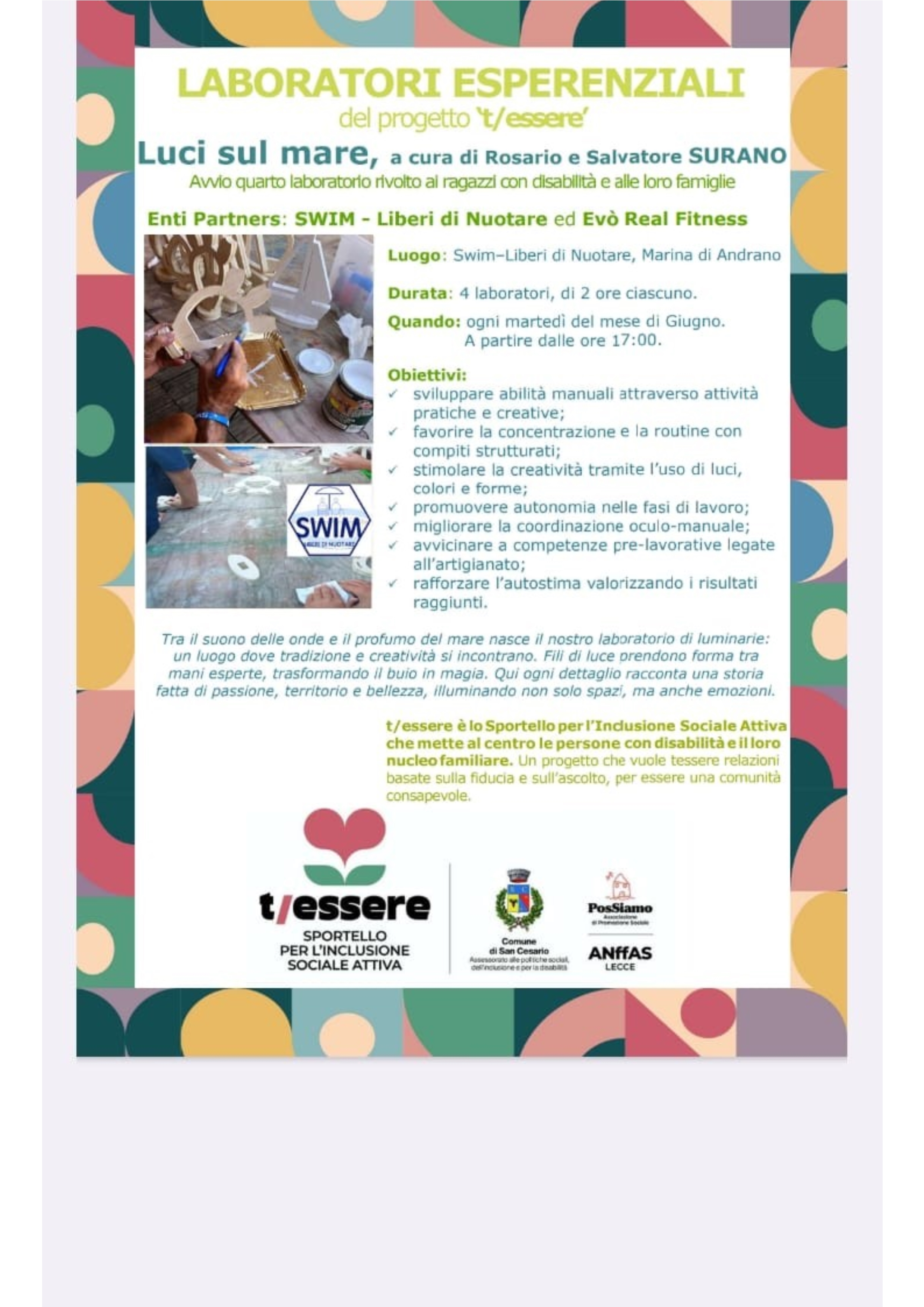 Laboratori esperenziali - Luci sul mare - Avviso 4° laboratorio rivolto ai ragazzi con disabilità e alle loro famiglie