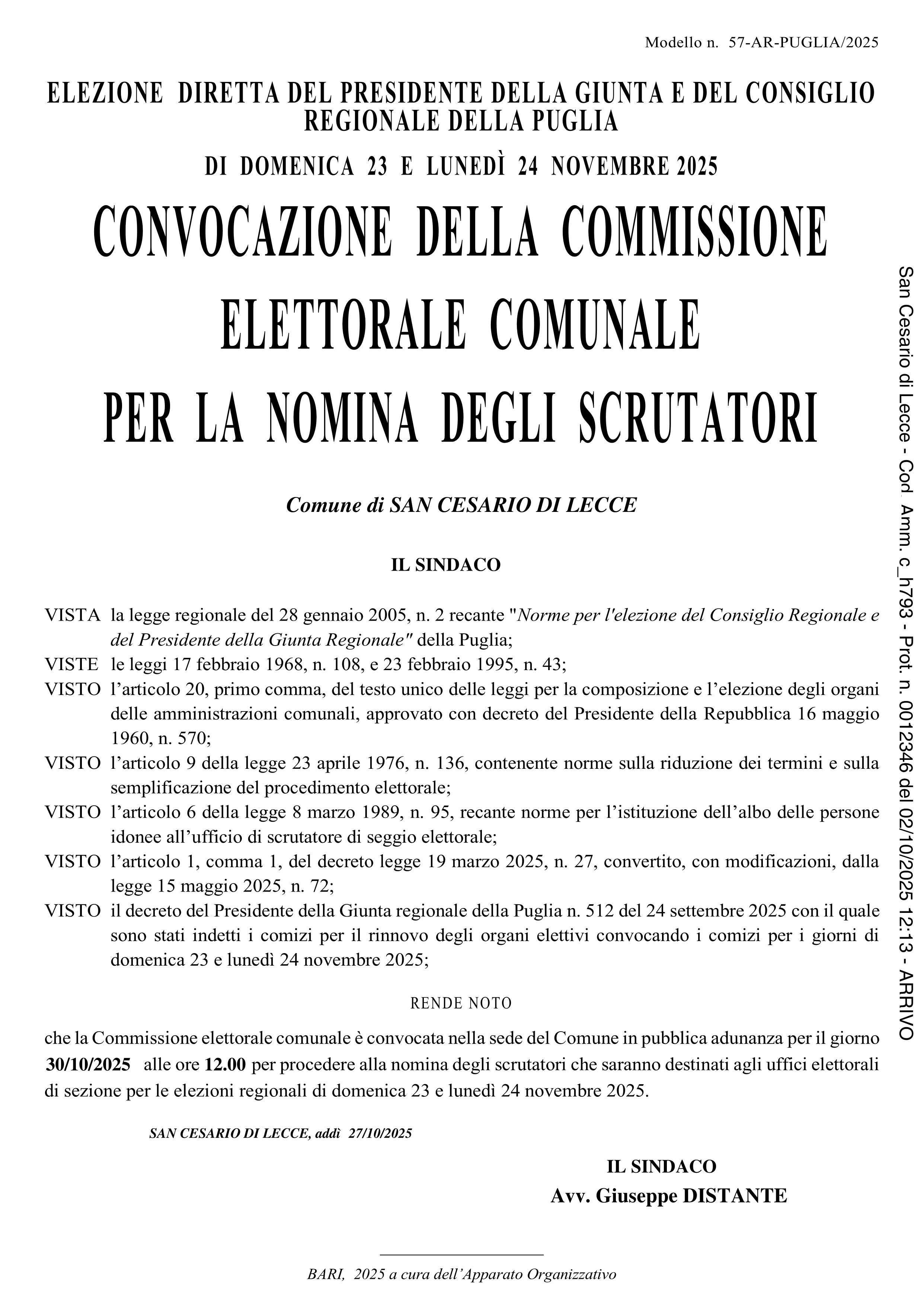 Elezione del Presidente della Giunta e del Consiglio  Regionale 23 e 24 Novembre della Puglia