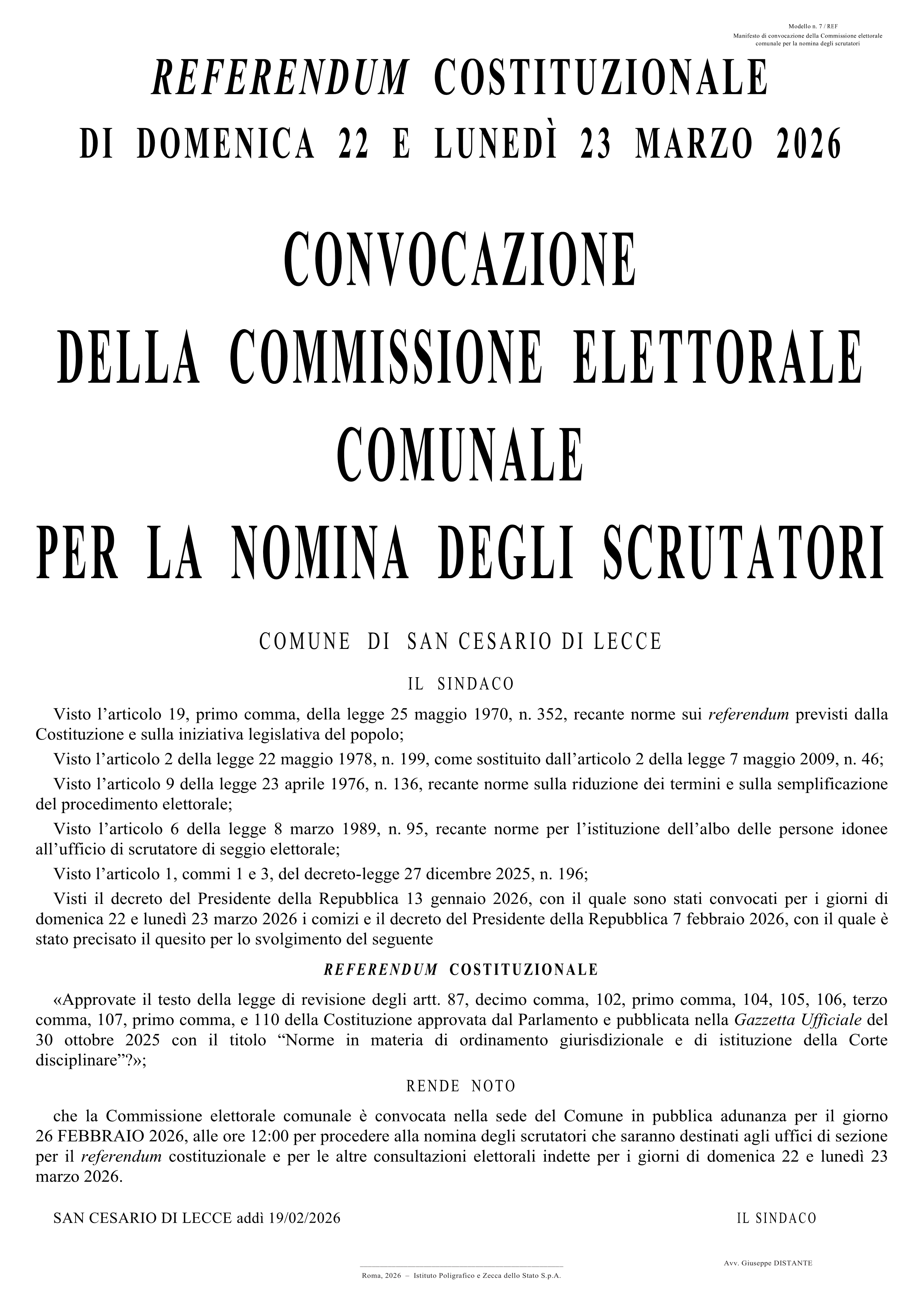 Convocazione della Commissione elettorale comunale per nomina scrutatori