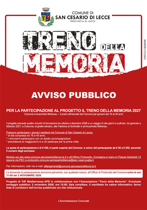 AVVISO PUBBLICO per la selezione dei partecipanti al progetto â€œTRENO DELLA MEMORIA 2027â€
