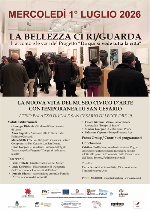 Mrcoledi 1° Luglio la Bellezza Ci Ri/Guarda Il racconto Le Voci del Progetto" Da qui si vede tutta la citta'" Atrio Comunale