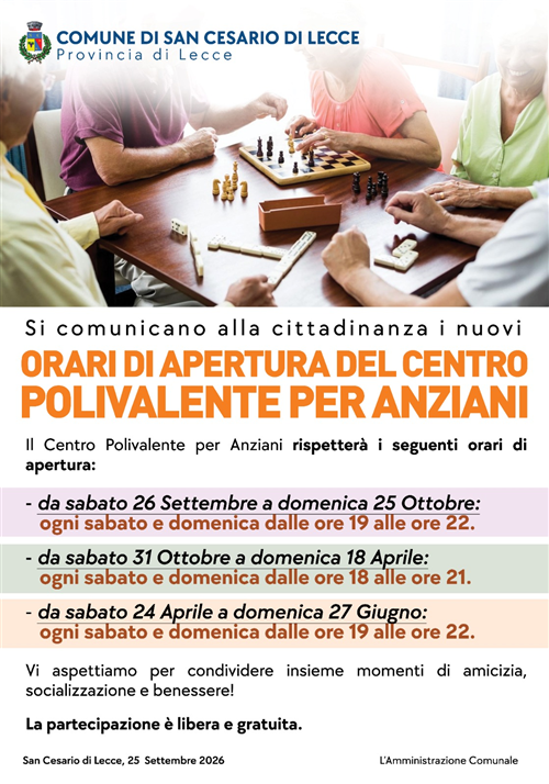 Orari di apertura del Centro Polivalente per Anziani