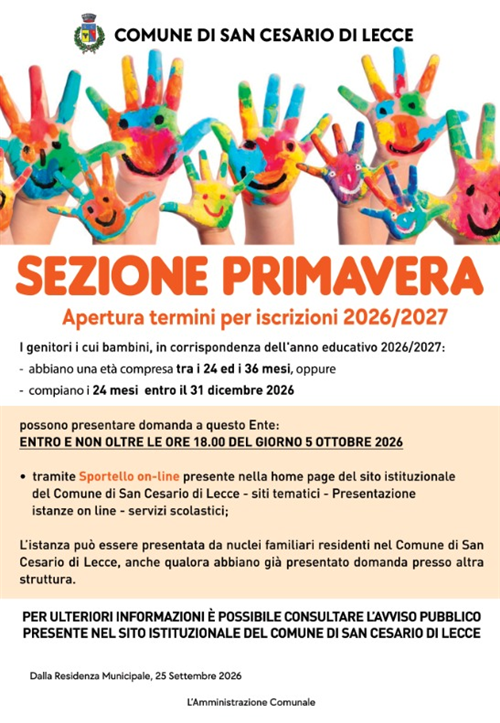 Sezione Primavera
Apertura termini per iscrizioni 2026/2027