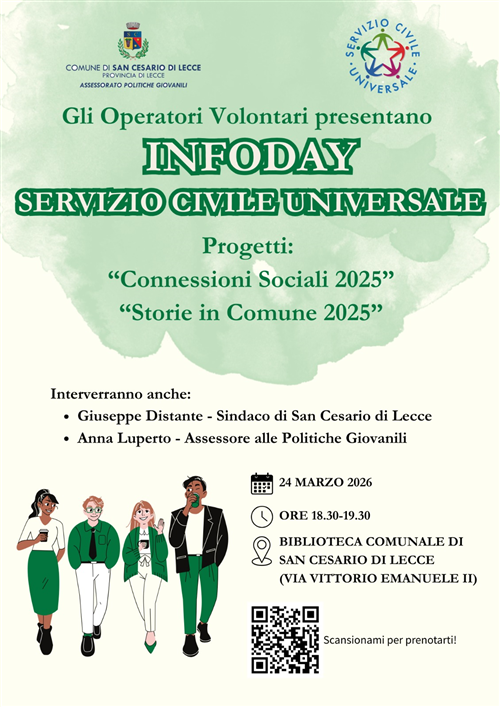 Infoday Servizio Civile Universale 24 Marzo ore 18.30 Biblioteca Comunale Via Vittorio Emanuele II