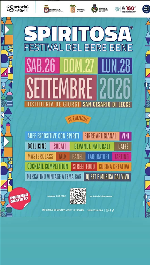 Spiritosa festival del bere bene Ingresso gratuito 26-27-28 Settembre Distilleria De Giorgi IV Edizione