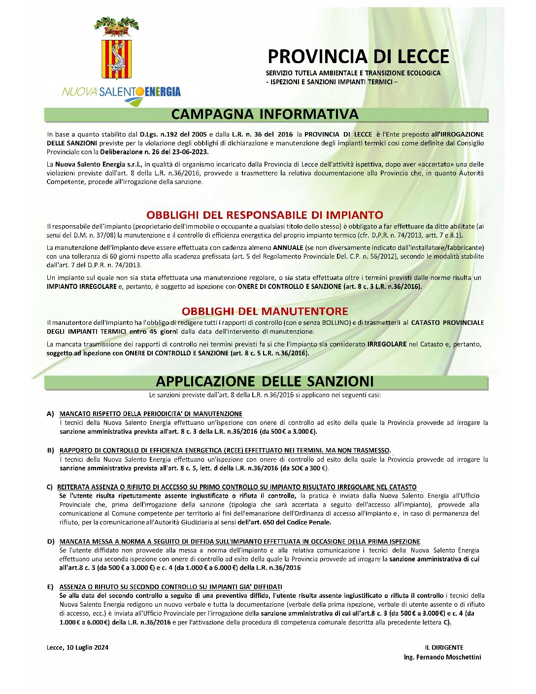 Attività di controllo impianti termici - Manifesto informativo