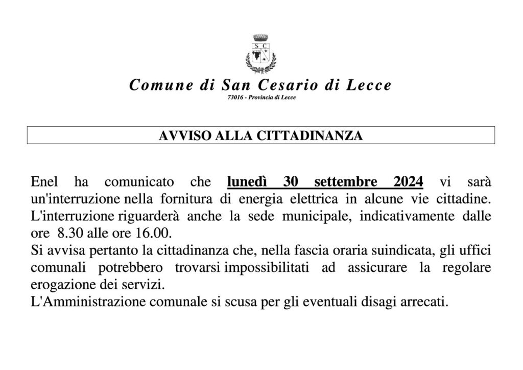 INTERRUZIONE ENERGIA ELETTRICA LUNEDI’ 30 SETTEMBRE 2024