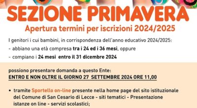 SEZIONE PRIMAVERA – Apertura termini di iscrizione 2024/2025