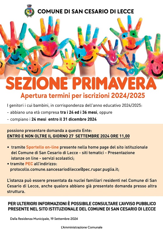 SEZIONE PRIMAVERA – Apertura termini di iscrizione 2024/2025